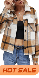 Womens Casual Flannel Wool Blend Plaid Shacket Long Sleeve Button Down Short Jackets Coat