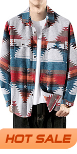 Mens Casual Ethnic Aztec Print Button Down Lightweight Long Sleeve Weatern Shacket Jacket Coat