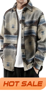 Mens Casual Ethnic Aztec Print Button Down Lightweight Long Sleeve Weatern Shacket Jacket Coat