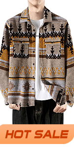 Mens Casual Ethnic Aztec Print Button Down Lightweight Long Sleeve Weatern Shacket Jacket Coat