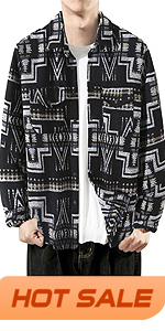 Mens Casual Ethnic Aztec Print Button Down Lightweight Long Sleeve Weatern Shacket Jacket Coat