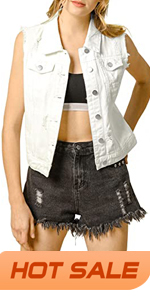 Womens Casual Denim Waistcoat Slim Fit Frayed Sleeveless Jacket Ripped Tops with Pockets