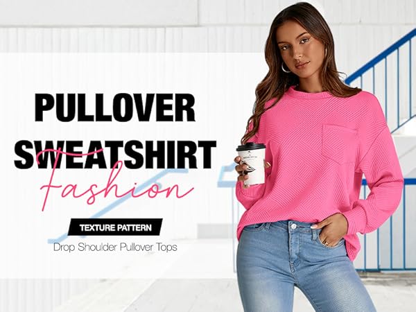 Casual Textured Sweatshirts  Crew Neck Pullover Tops Loose Pullover Sweatshirt Pullover Sweatshirts