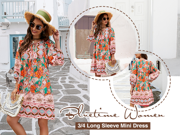 Summer Boho Dress Floral V Neck Loose Fit Dress Casual Printed 3/4 Sleeve Beach Dresses