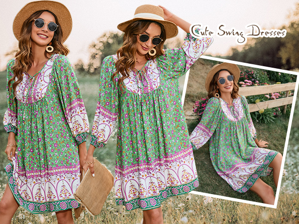 Summer V Neck Loose Dresses 3/4 Sleeve Bohemian Beach Cover ups Casual Mini Dress