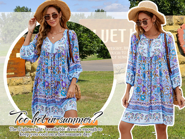 Summer Swing Cover up Boho Floral Print Short Dress 3/4 Sleeve V Neck Beach Dresses