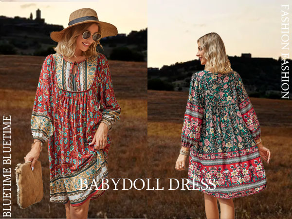 Beach 3/4 Sleeve Mini Dress Boho Floral Print V Neck Dress Summer Swing Cover up