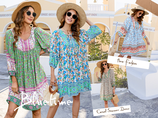 Casual Summer Cover ups Loose Fit 3/4 Sleeve Floral Print Dress Flowy Babydoll Dresses