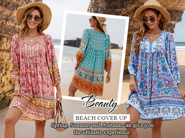 Casual Summer Cover ups Loose Fit 3/4 Sleeve Floral Print Dress Flowy Babydoll Dresses