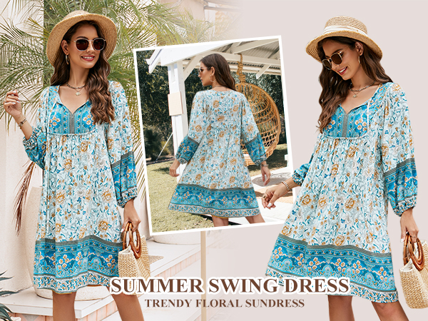 Mini Floral Summer Dress V Neck 3/4 Sleeve Casual Dresses Cute Bohemian Dress