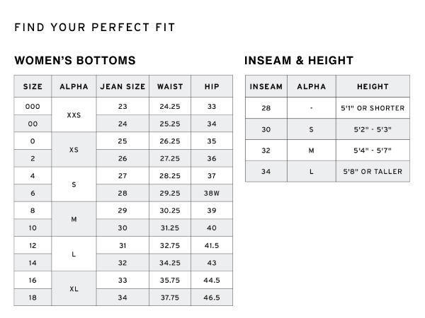 Women&#39;s bottoms. Inseam &amp; Height