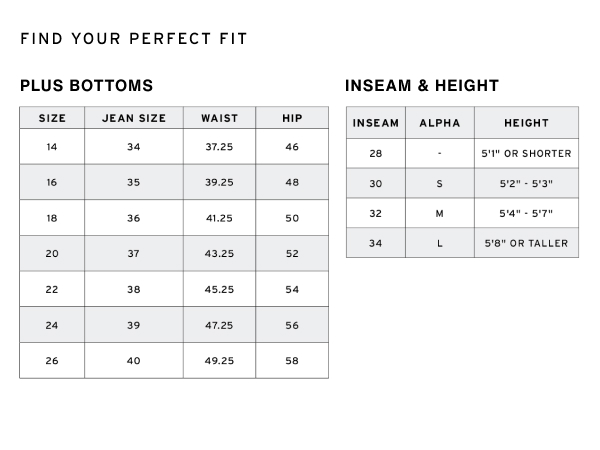 Women&#39;s Plus bottoms. Inseam &amp; Height