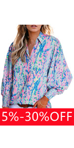 Casual Lantern Sleeve Button Down Blouse Flattering Modern V-Neck Print Shirt