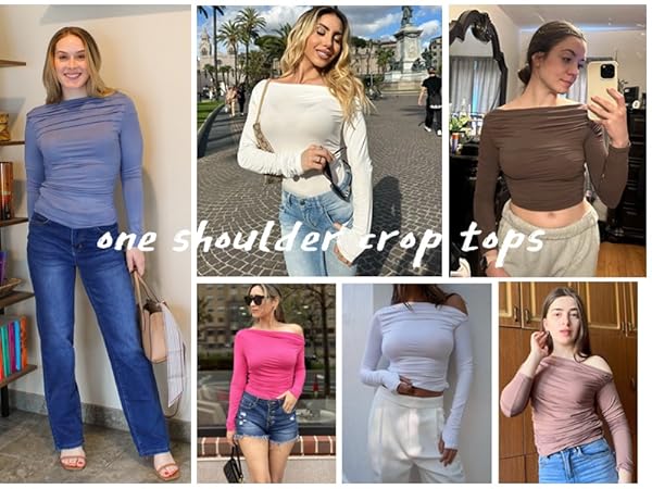 Womens Long Sleeve Off The Shoulder Casual Crop Tops Boat Neck Going Out Slim Fit Y2K T Shirts 2024