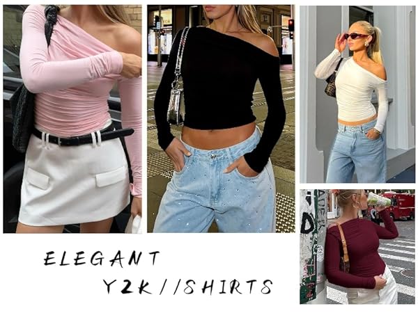 Womens Long Sleeve Off The Shoulder Casual Crop Tops Boat Neck Going Out Slim Fit Y2K T Shirts 2024