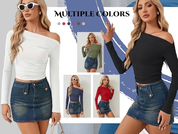 Womens Long Sleeve Off The Shoulder Casual Crop Tops Boat Neck Going Out Slim Fit Y2K T Shirts 2024