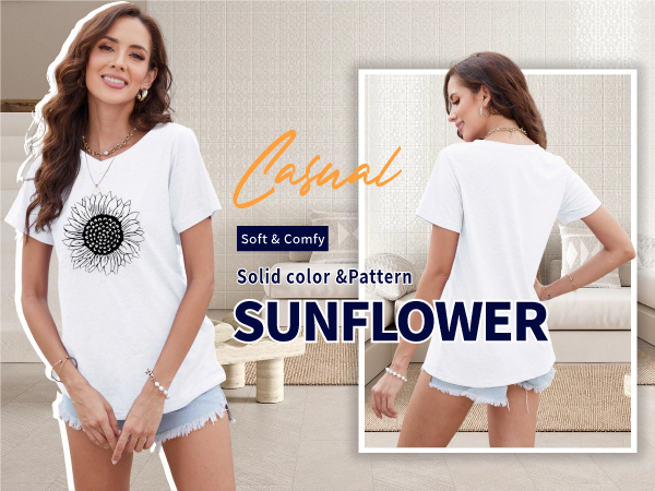 Women&#39;s Summer Short Sleeve Cute Sunflower Graphic Printed Tee Vintage T Shirt Cotton Tops