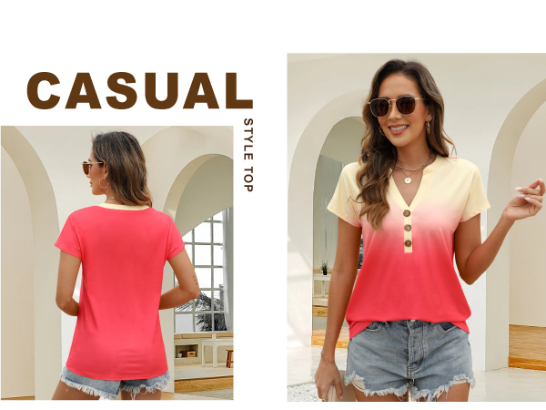 Womens Tshirts V Neck Short Sleeve Buttons Tops Tee Solid Color Blouse Loose Fit