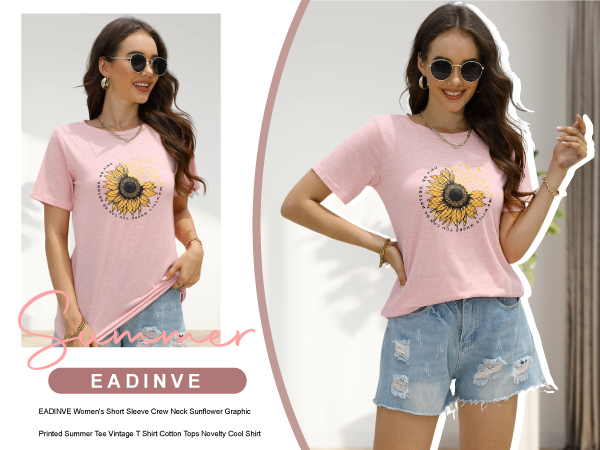 Women&#39;s Short Sleeve Crew Neck Sunflower Graphic Printed Summer Tee Vintage T Shirt