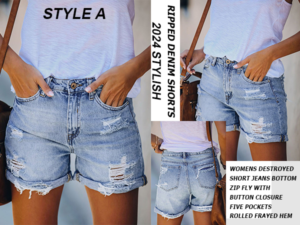 Empire Waist Denim Shorts for Women High Rise Casual Ripped Distressed Short Jeans