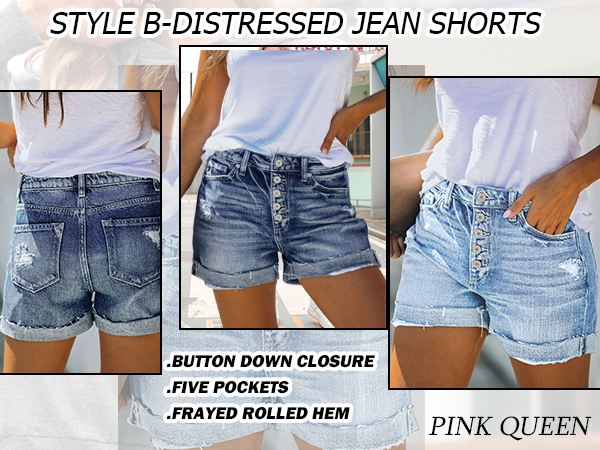 Pink Queen Women''s Tummy Control Ripped Denim Summer Jean Shorts Mid-High Rise Folded Hem Shorts