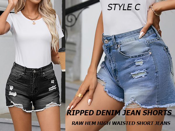 Jean Shorts for Women Mid-High Waist Ripped Boyfriend Denim Shorts Frayed Raw Hem Chic Short Jeans