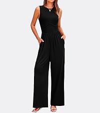 Summer Jumpsuits Dressy Casual One Piece Outfits Sleeveless Crew Neck Wide Leg Pants Rompers Pockets