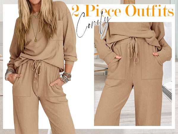 Fall 2 Piece Outfits Long Sleeve Knit Pullover Elastic Waist Pants Set