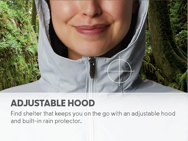 A womens jacket with an adjustable Hood