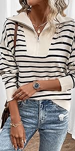 Striped Quarter Zip Lapel Sweatshirt Long Sleeve Drop Shoulder Sweater 