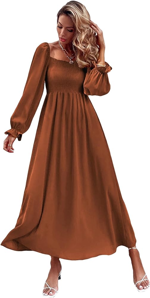 Floerns Women's Boho Square Neck Smocked Long Puff Sleeve A Line Maxi Dress