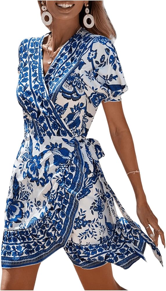 WDIRARA Women's Summer Casual Boho Floral Print Short Sleeve Wrap V Neck Ruffle Hem A Line Dress