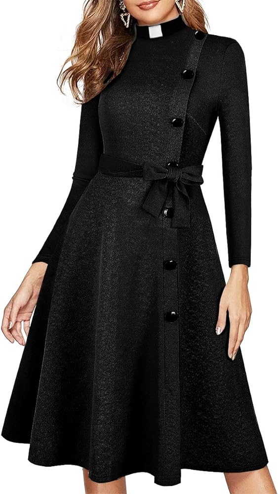 Church Clergy Dress for Women Spring/Autumn Long Sleeve Rows Buttons A Line Dress with Tab Collar and Belt