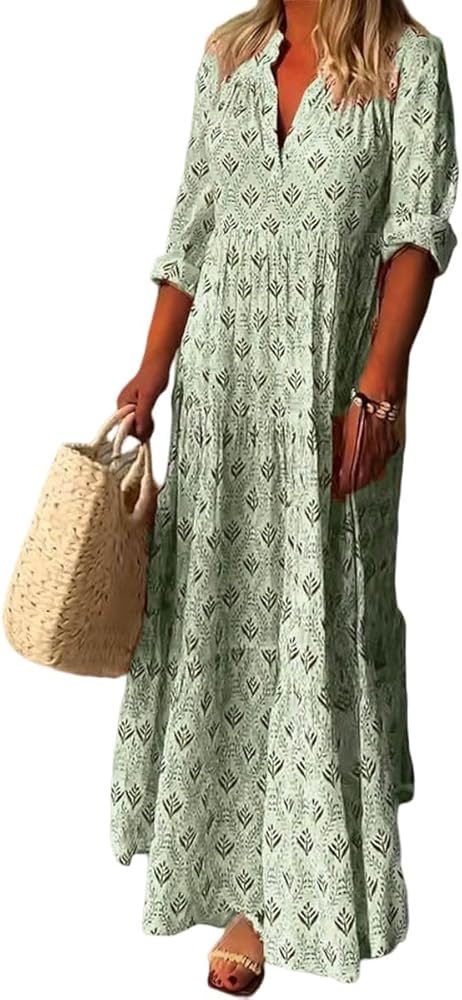 Boho Casual Loose Long Sleeve Maxi Dress for Womens Vintage Print Pleated Crewneck Flowy Baggy Long Dress