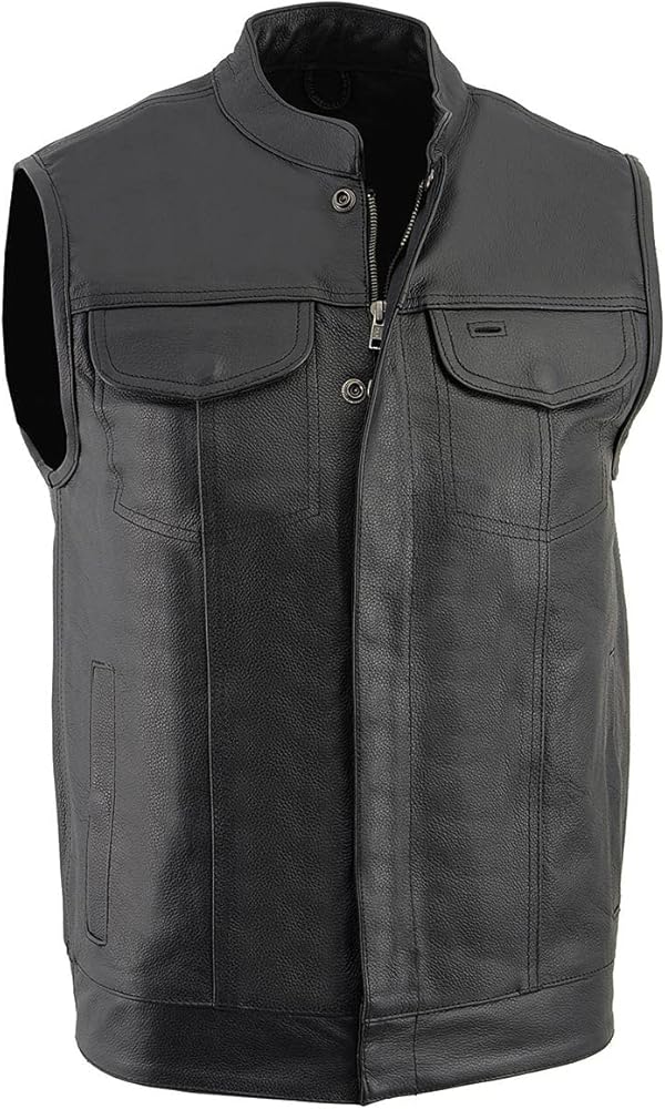 Milwaukee Leather LKM3710 Men's Black Leather Club Style Motorcycle Rider Vest W/Dual Closure Zipper and Snaps