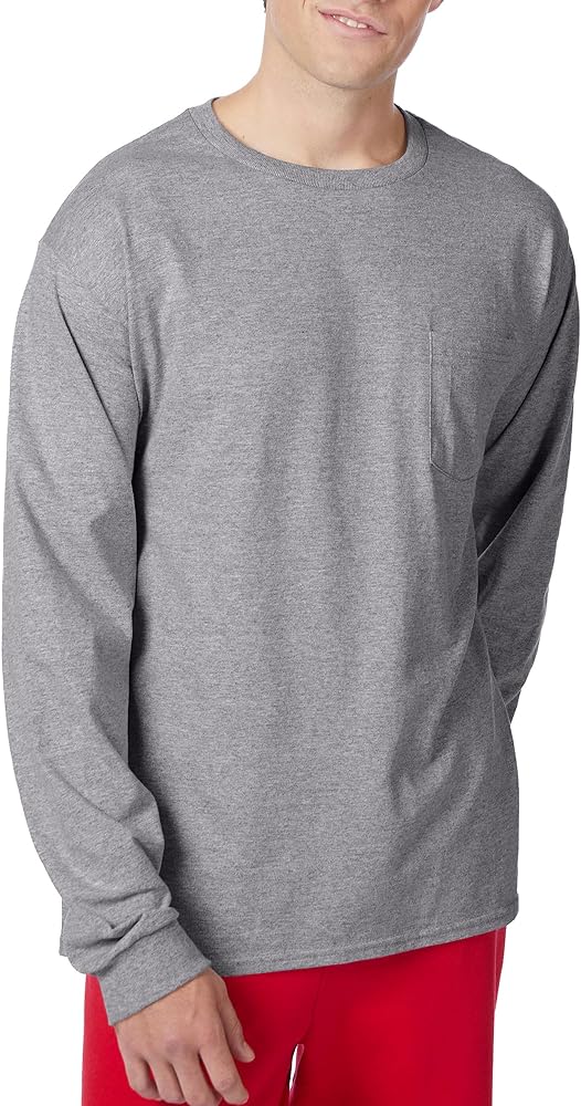 Hanes Mens Essentials Long-Sleeve T-Shirt, Cotton Pocket Tee, Long-Sleeve Tees For Men