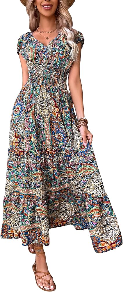 Floerns Women's Paisley Print Off Shirred Ruffle Hem V Neck High Waist Swing Flowy Long Dresses