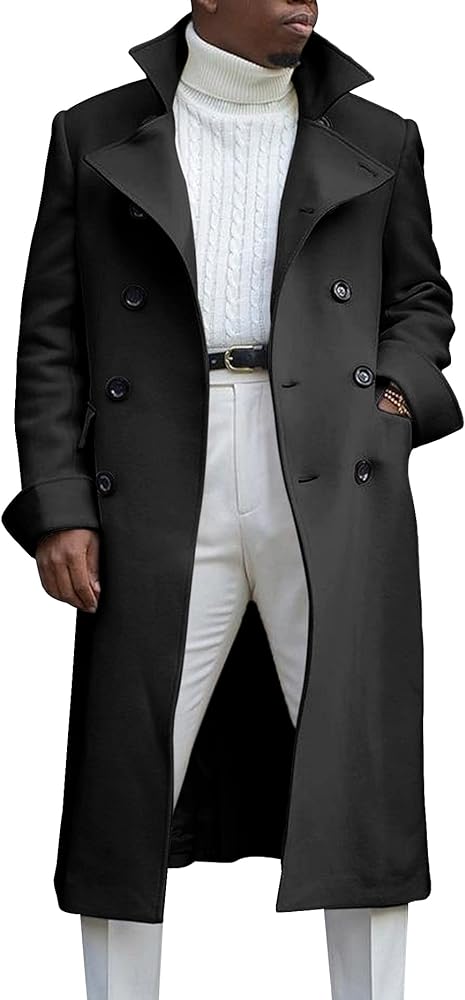 Ebifin Men's Notch Lapel Double Breasted Long Trench Coat Casual Cotton Blend Peacoat