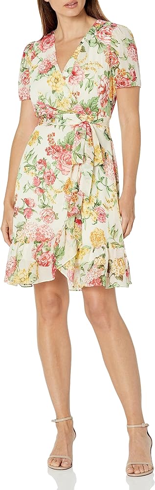 London Times Women's Faux Wrap Dress with Ruffle Skirt Occasion Shower Office Career