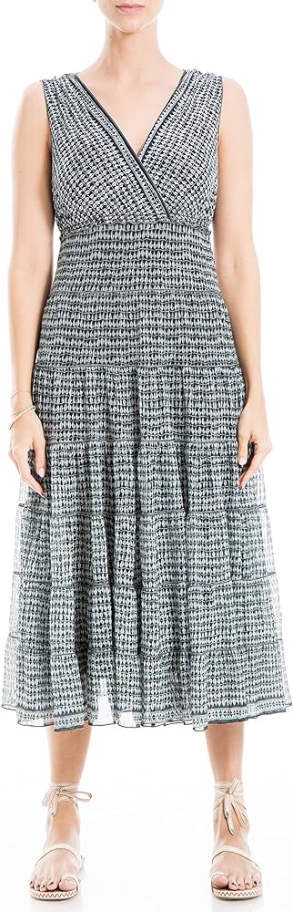 Max Studio Women's Mesh S/L Overlaped V Neck Tiered Midi Dress