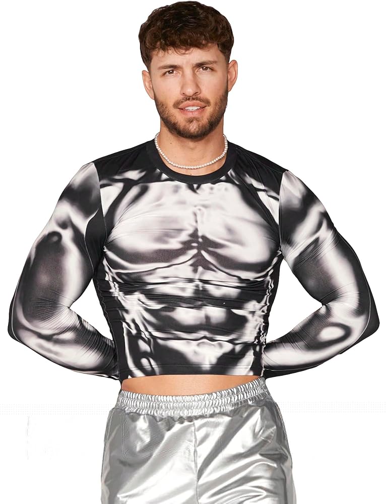 WDIRARA Men's 3D Body Print Crop T shirt Round Neck Long Sleeve Muscle T Shirt Fashion Party Club Tee Tops