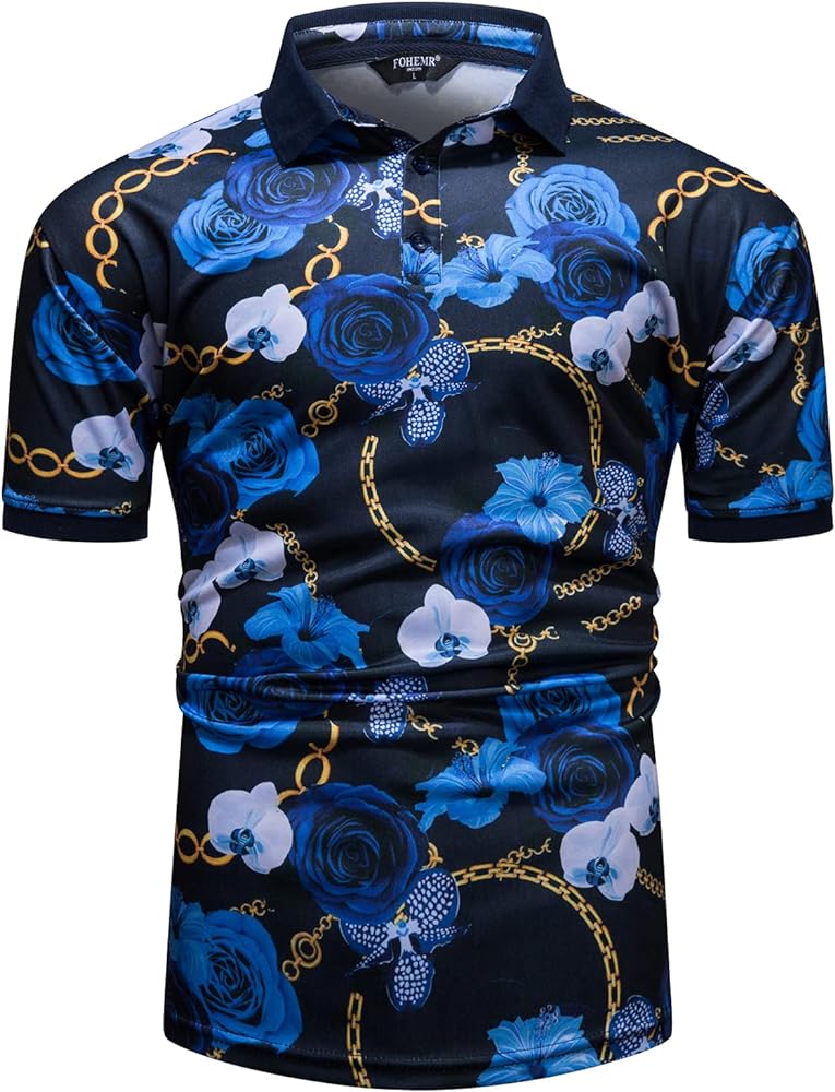 fohemr Mens Luxury Polo Shirts Black Gold Short Sleeve Baroque Chain Print Casual Wicking Golf Flower T-Shirt