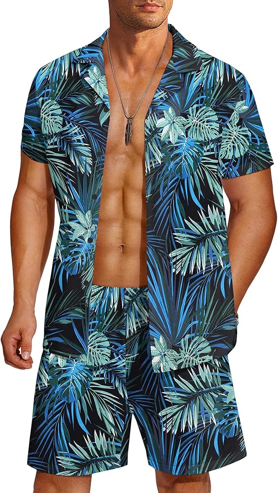 COOFANDY Men's Hawaiian Matching Shirt and Shorts Set Summer Beach 2 Piece Outfits Short Sleeve Cuban Shirts and Shorts