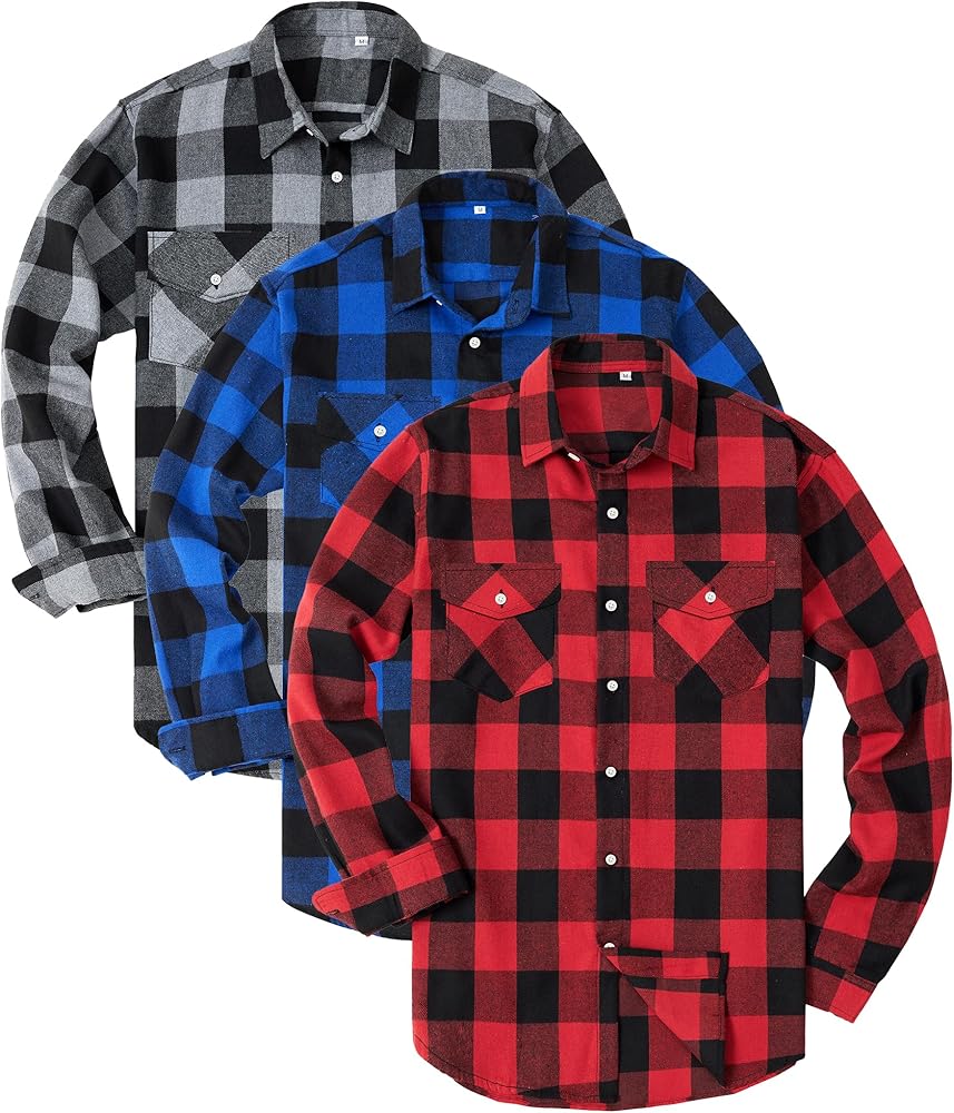 1/3 Pack Mens Flannel Shirt Long Sleeve Plaid Shirts Casual Button Down Buffalo Plaid Checkered Cotton Jacket