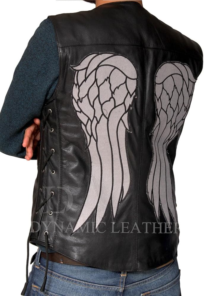 Daryl Dixon Angel Wings Real Leather Black Vest,Men's