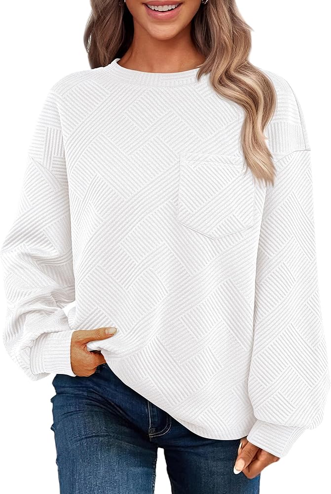 BTFBM Women's Casual Textured Sweatshirts 2024 Fall Winter Long Sleeve Drop Shoulder Crew Neck Pullover Tops with Pocket