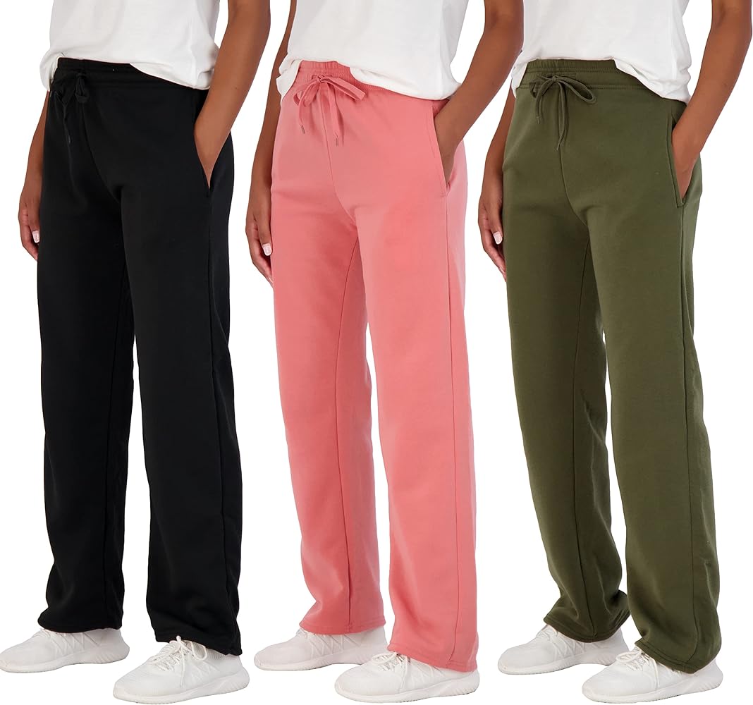 Real Essentials 3 Pack: Women's Relaxed Fit Fleece Open Bottom Sweatpants - Casual Athleisure (Available in Plus)