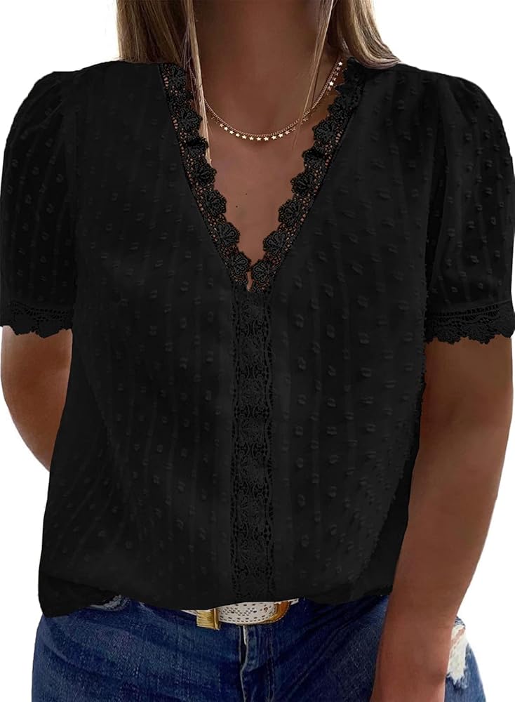 Happy Sailed Womens Plus Size Lace Crochet V Neck Boho Shirts Casual Loose Short Sleeve Chiffon Blouses Tops(1X-5X)