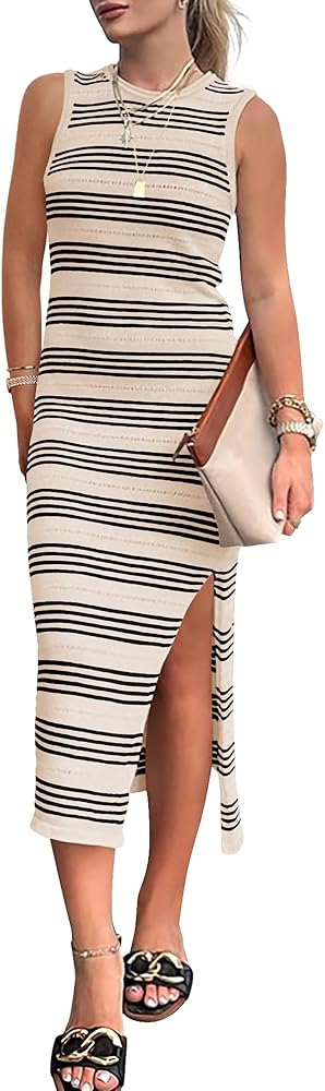 BTFBM Women's Sleeveless Summer Dresses 2024 Crew Neck Casual Sundress Hollow Out Side Slit Bodycon Knit Long Tank Dress