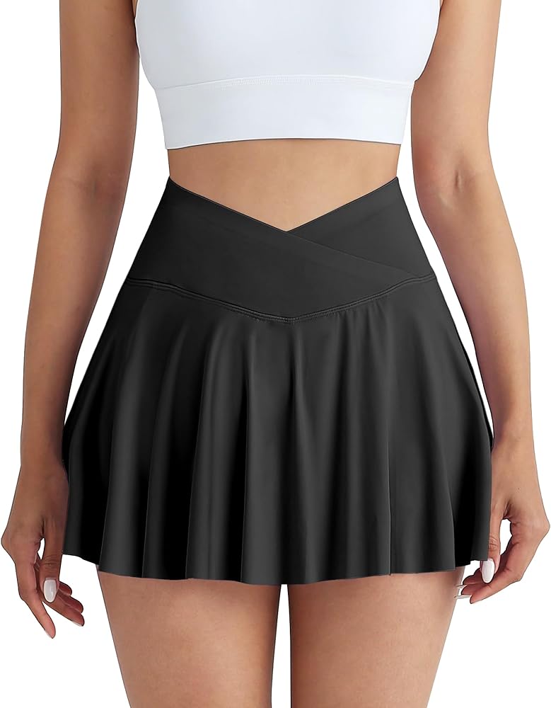 CHRLEISURE Women Tennis Skirts Crossover High Waisted Pleated Workout Athletic Golf Skort Skirts with Pockets